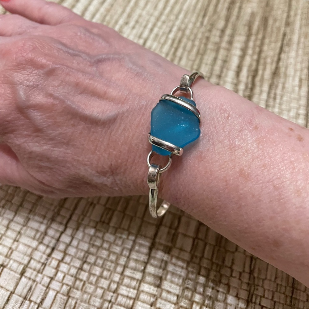 Blue Sea Glass Sterling Silver Bracelet